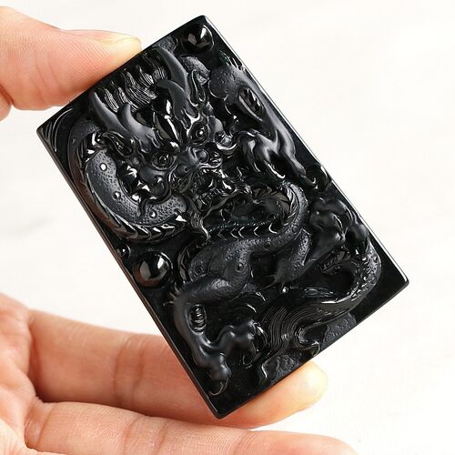 正品大师工缅甸翡翠A货墨翠厚冰种立体龙牌吊坠挂件50.75克