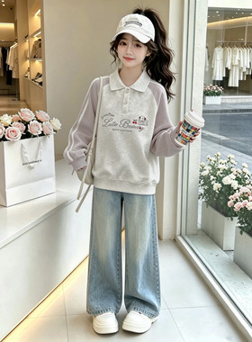 女童秋季POLO卫衣牛仔裤两件套