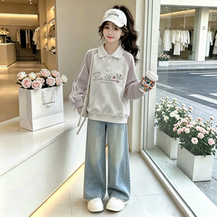 女童套装秋季2026新款中大童POLO卫衣牛仔裤儿童少女风洋气两件套