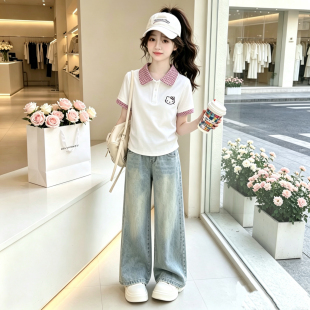 女童套装2026新款超火学院风初中生儿童t恤薄款牛仔裤洋气夏装潮
