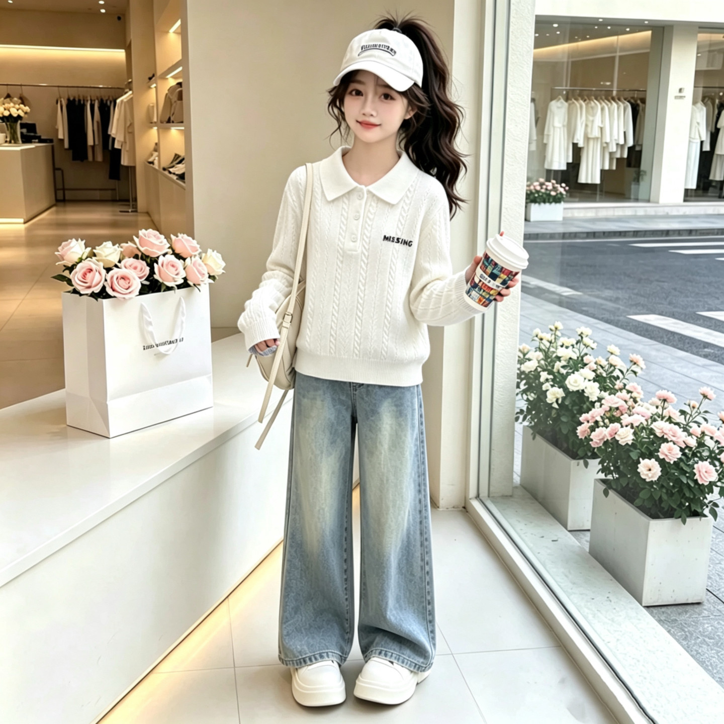 女大童秋季学院风POLO领毛衣套装图片