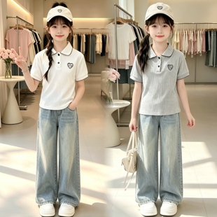 女童韩版学院风polo衫套装夏季儿童洋气翻领上衣薄款牛仔裤两件套
