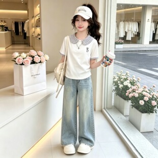 女童套装夏季休闲洋气2026新款学院风短袖T恤初中生儿童薄牛仔裤