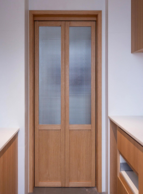 中古风折叠门原木框压花超白玻璃推拉门卧室书房折叠门实木隔断屏