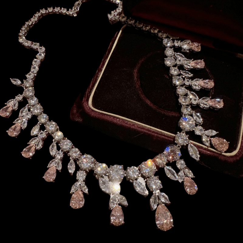 意大利奢华麦穗宝石项链 Vintage 镀18K金 阿盖尔粉水滴锆石耳环