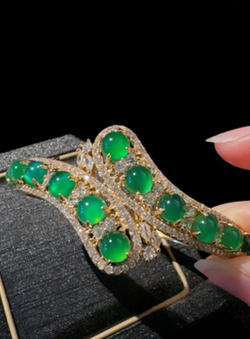 巴西绿玉髓玛瑙弧形宝石手镯 种水盈盈 镀18K金 碧玺算盘锆石手镯