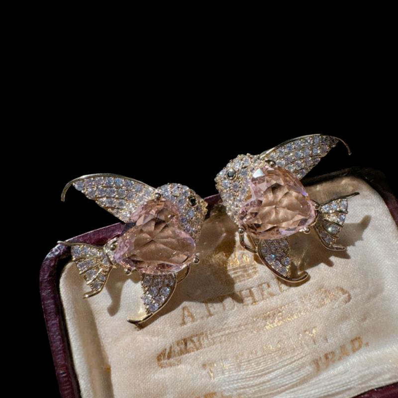 帕帕拉恰粉金鱼宝石耳环富丽堂皇镀18K金恐龙粉锆石耳坠戒指百搭