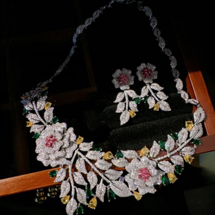 帕帕拉恰山茶花宝石项链古董感镀18K金大马革玫瑰花锆石耳环百搭