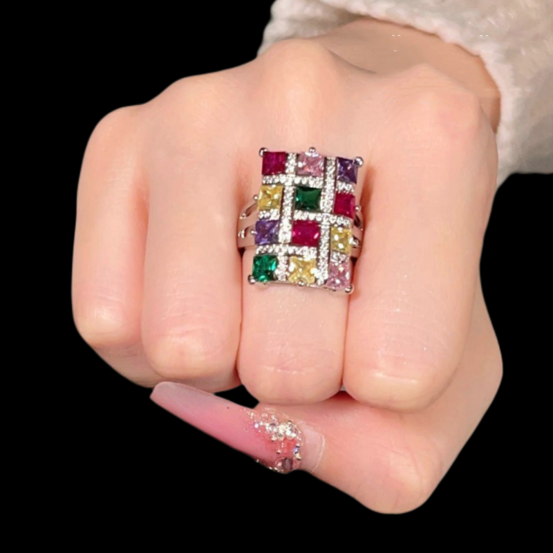 玛格丽特彩虹宝石耳环 富丽堂皇 镀18K金 多宝蓟花彩宝锆石戒指