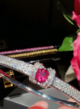 珠宝派对花园胭脂粉排列宝石网球手链 聚会高定 皇冠闪钻手镯套装