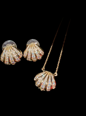 珠宝 幻境金色海贝闪钻贝壳项链 氛围感 山茶花球耳坠套装