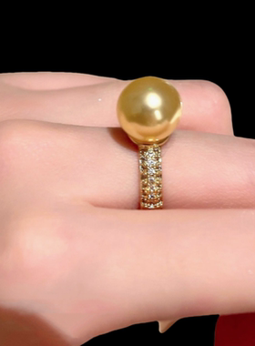 珠宝 奢华浓金气泡澳白色珍珠宝石戒指 宴会高定小熊闪钻链条项链