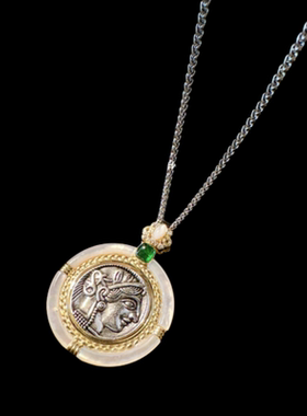 古巴比伦女神贝母宝石古币项链 织纹雕金镀18K金蜂巢彩虹锆石手镯