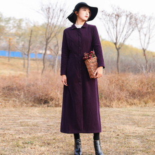 复古文艺全棉纯色灯芯绒连衣裙女加绒加厚开衫风衣裙长款冬季新款