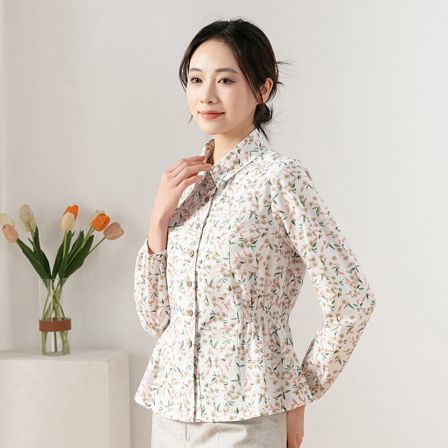 2026春季新款文艺百搭纯棉碎花上衣女装收腰显瘦长袖单排扣衬衫