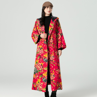 复古文艺民族风东北大花棉麻棉服女宽松显瘦加绒保暖连帽斗篷风衣