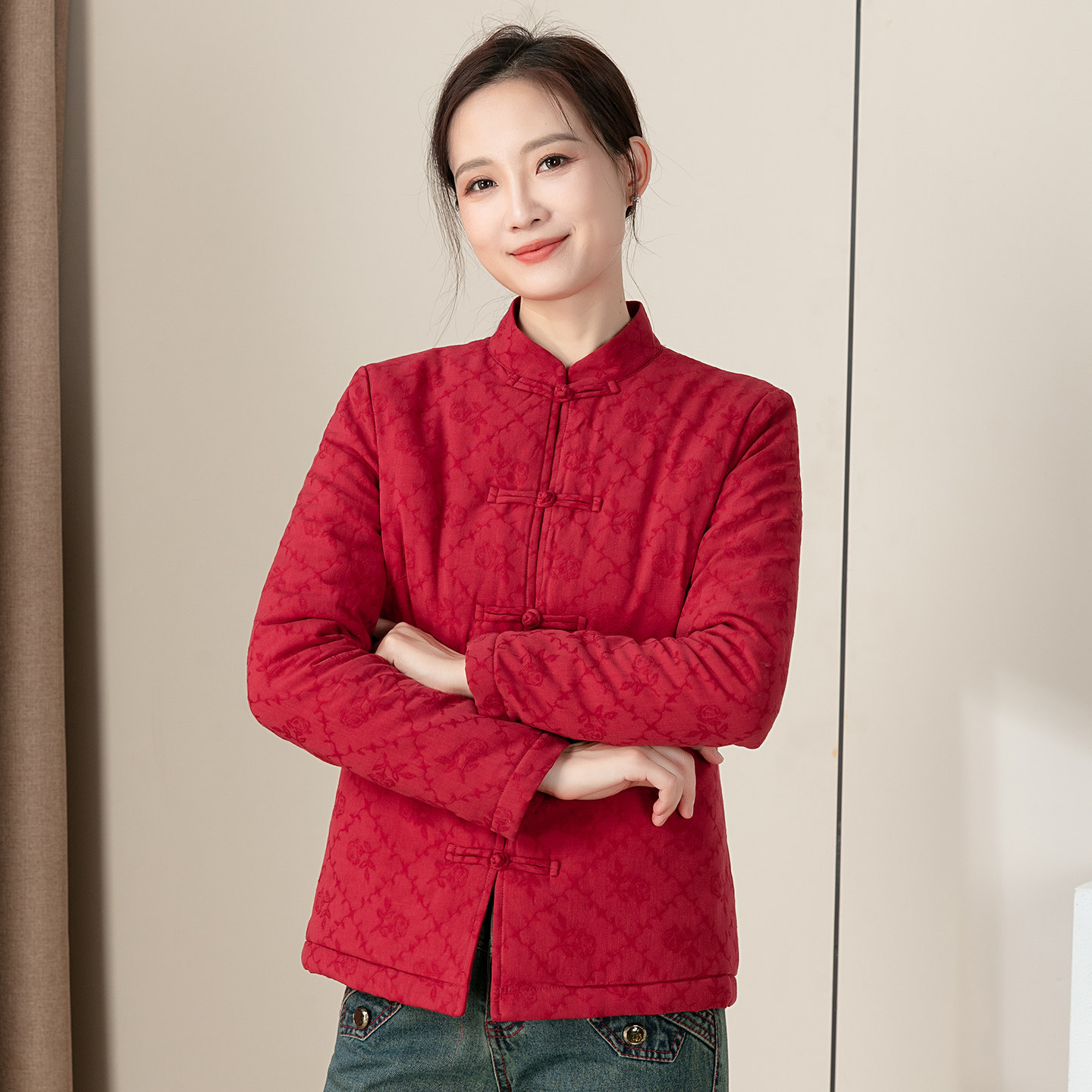 秋冬酒红纯棉修身保暖小棉袄女