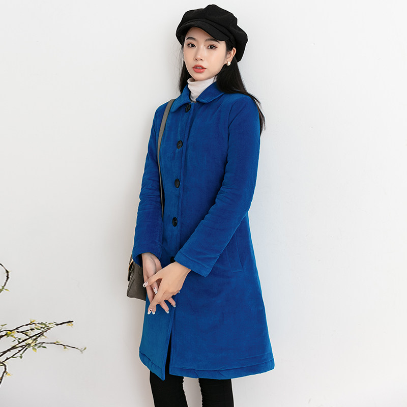灯芯绒中长款加厚棉衣女A型棉袄