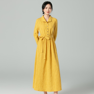 2025秋季新款文艺复古纯棉提花连衣裙女装收腰显瘦翻领长袖长裙