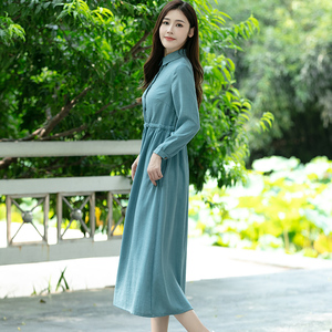 旅行文艺早秋孔雀蓝麻料连衣裙女装宽松显瘦抽带中腰尖领长袖长裙
