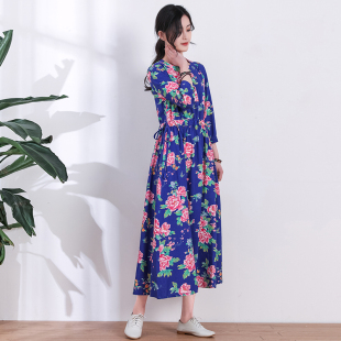 2020年春装 复古文艺民族风苎麻印花连衣裙女宽松显瘦抽带长裙 新款