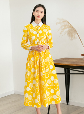 2024春秋旅行文艺纯棉黄色波点印花连衣裙女长袖白色收腰显瘦长裙