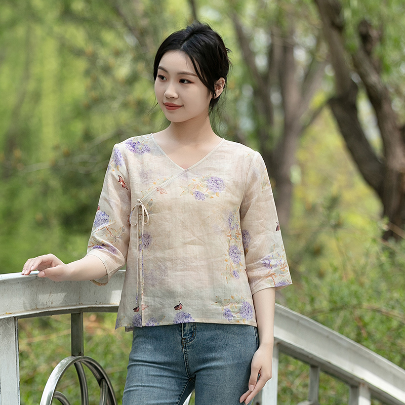 轻薄透气纯苎麻女旅行文艺小衫