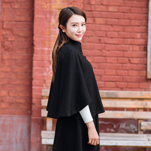 2019秋冬新款 复古文艺民族风黑色毛呢连衣裙斗篷背心裙两件套长裙