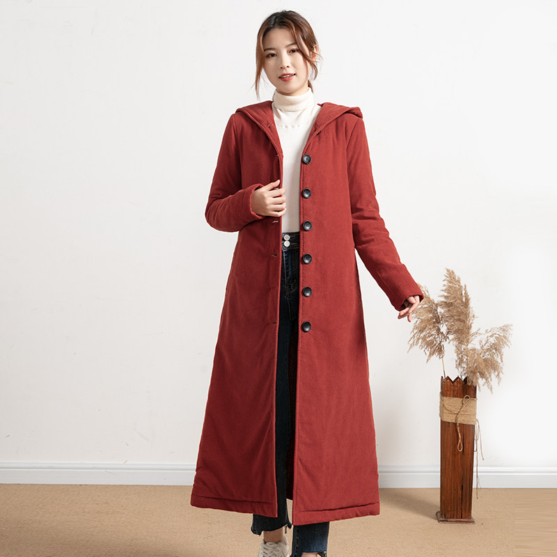 2023冬款棉衣复古全棉灯芯绒显瘦棉服女装纯色连帽保暖单排扣长款