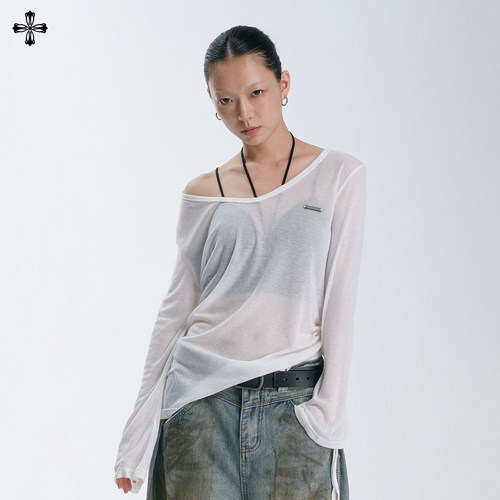 微透抽褶一字领舞蹈针织上衣女