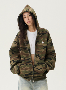 SMILE DDD迷彩开衫女拉链美式街头嘻哈复古街头外套宽松连帽卫衣