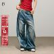 SMILE 休闲显瘦阔腿裤 DDD弯刀牛仔裤 宽松分割线水洗磨白做旧美式