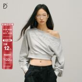 街头休闲衫 SMILE DDD签名印花斜肩卫衣女显瘦紧身腰纽扣设计美式