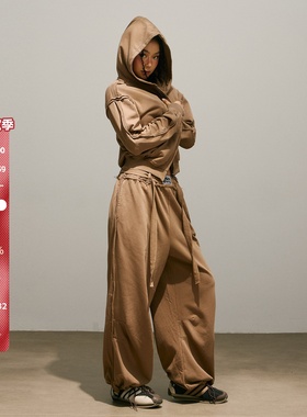 SMILE DDD毛边套装驼色280g美拉德休闲刺绣开衫宽松简约运动卫裤