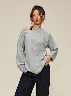 SMILE DDD 美式露肩纯棉斜肩卫衣春季新款宽松一字肩长袖辣妹上衣