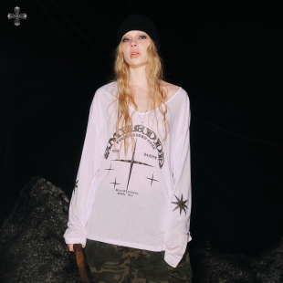 大领口微透宽松长袖 十字架罩衫 慵懒辣妹爵士上衣 月石 SMILEDDD