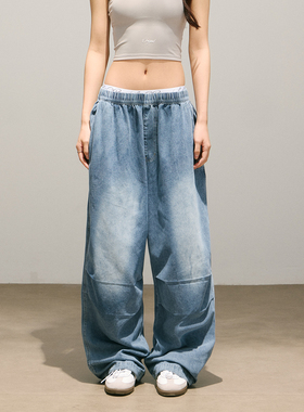 SMILE DDD宽松软牛仔裤美式嘻哈蓝色水洗运动裤爵士跳舞裤子女