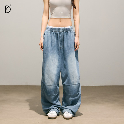 SMILE DDD宽松软牛仔裤美式嘻哈蓝色水洗运动裤爵士跳舞裤子女