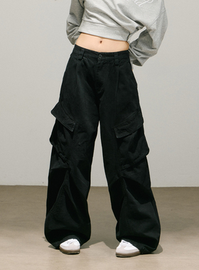 SMILE DDD多口袋解构工装裤女黑色水洗褶皱斜插袋宽松直筒长裤