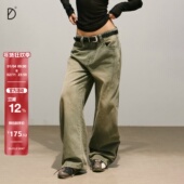 SMILE 女洗水黄泥收褶秋冬阔腿弯刀长裤 DDD美式 复古做旧牛仔裤