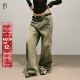SMILE 女洗水黄泥收褶秋冬阔腿弯刀长裤 DDD美式 复古做旧牛仔裤