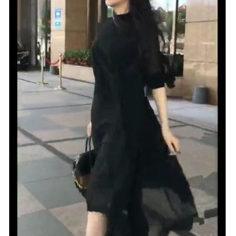 今年流行强178黑色雪纺长款连衣裙2025夏季新款女长袖过膝宽松