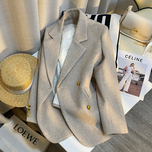 今年流行特惠米灰色韩版高级感内里夹棉毛呢西装外套女2025冬季