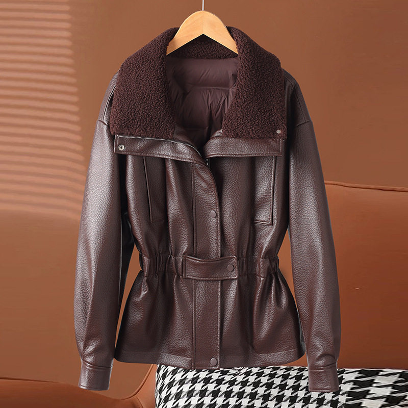 今年流行特惠绵羊皮衣复古休闲抽绳收腰双排扣拉链皮夹克加绒,女装/女士精品,羽绒服,淘宝优惠券,粉丝福利购,淘宝优惠卷