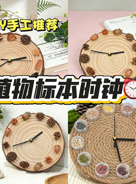 种子标本时钟手工DIY材料包创意圆木片胡桃木指针种子果实装饰品