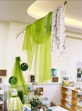 幼儿园春天主题墙绿色网纱空中吊饰环创材料装饰布置挂饰隔断国风