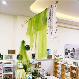 幼儿园春天主题墙绿色网纱空中吊饰环创材料装饰布置挂饰隔断国风