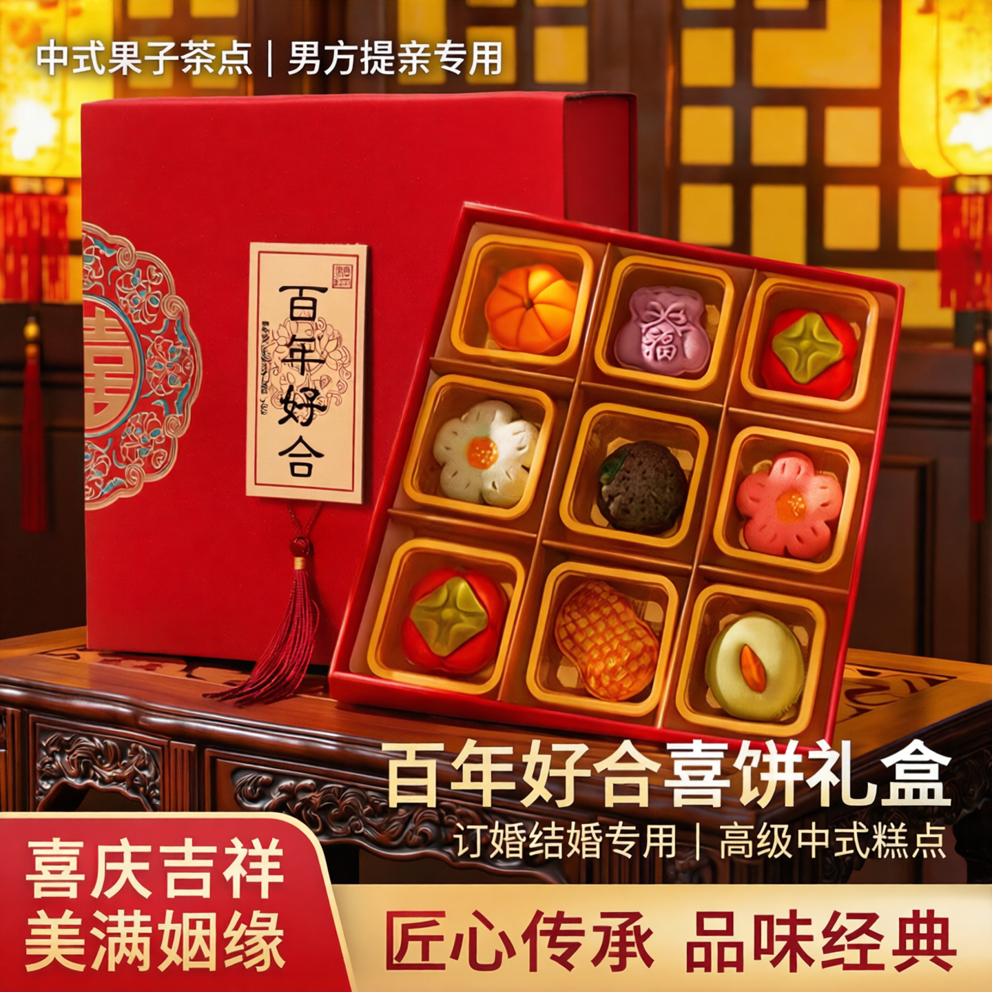 中式果子茶点男方提亲糕点喜饼订婚专用礼盒摆台结婚高级新婚月饼