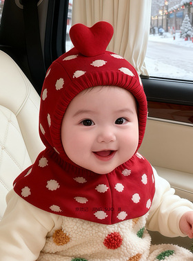 圣诞新年红色婴幼儿童帽子围巾披肩一体男女宝宝针织毛线保暖护耳
