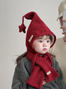儿童帽子秋冬季星星圣诞红色男女宝宝保暖防风加厚婴儿毛线护耳帽